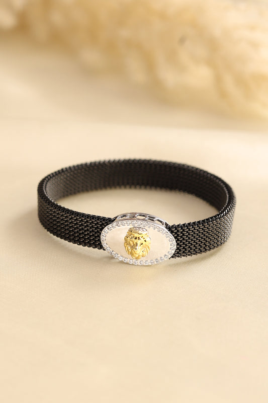 KIORAH Men Black Mesh 925 Silver Bracelet with Gold-Toned Lion Head