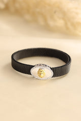 KIORAH Men Black Mesh 925 Silver Bracelet with Gold-Toned Lion Head