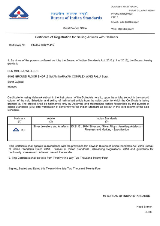 KIORAH BIS Hallmark Certificate - Official Certification for 925 Sterling Silver Jewelry