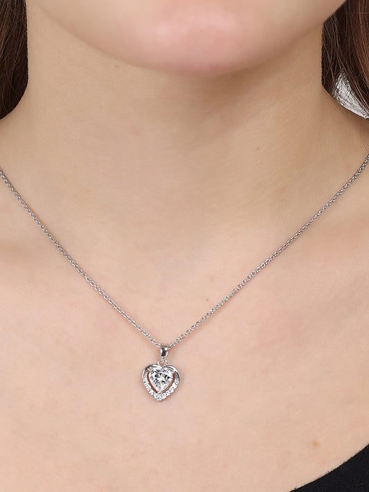 Sterling Silver Round American Diamond Heart Pendant Necklace