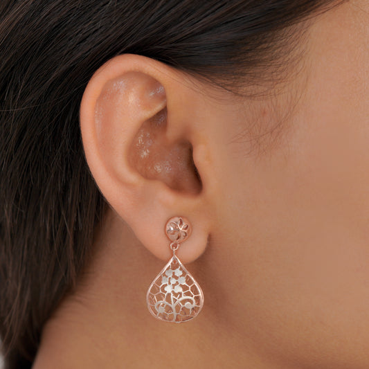 Rose Gold Floral Dangle Earrings (3.81 Gram)