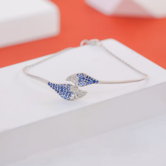 925 Silver Leaf Bracelet Blue and White Stone