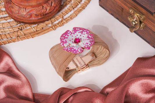 Rose Gold Mesh Bracelet with Diamond Flower Centerpiece