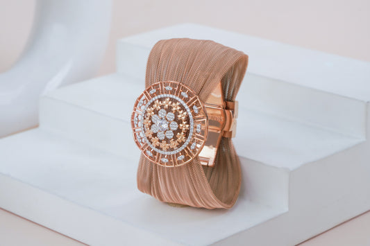 Geometric Rose Gold Mesh Bracelet with Diamond Accent