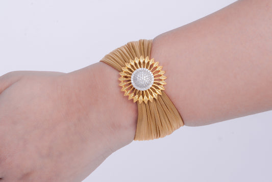 Sunflower & Diamond Rose Gold Mesh Bracelet - Elegant Floral Design